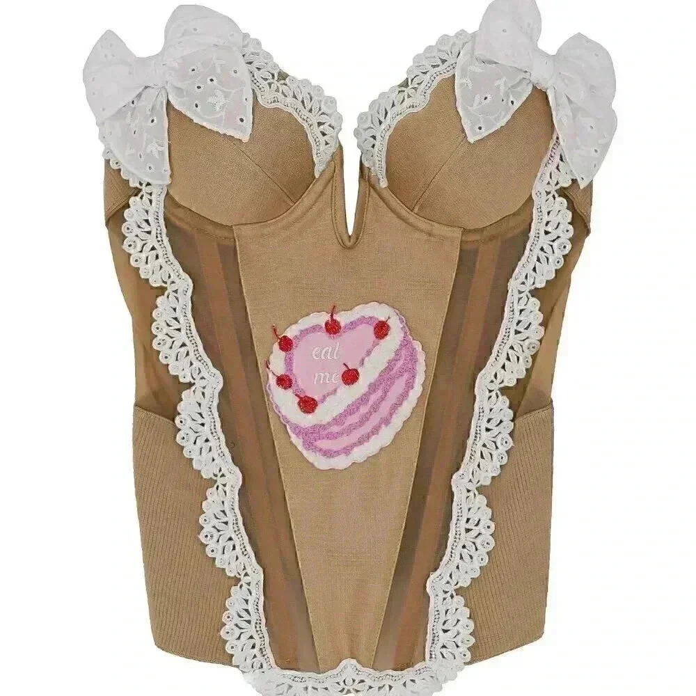 Reworked Pink & White Birthday‎ Cake Bow Corset Size 32B cottagecore barbie